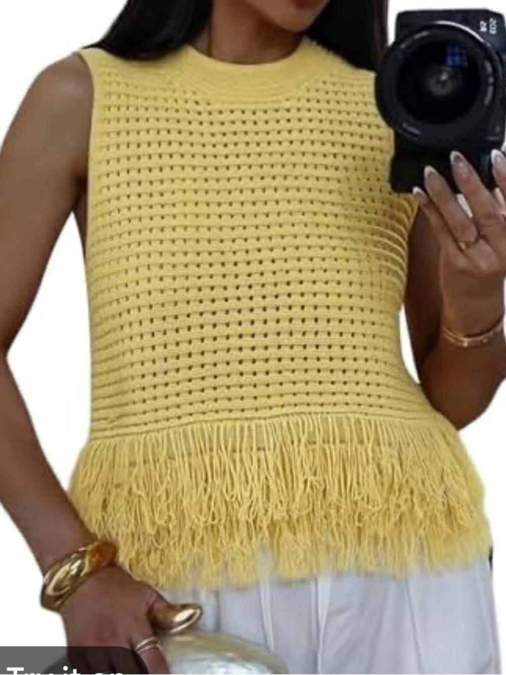 Amazon Yellow Sleeveless Crochet Fringe Crewneck Sweater